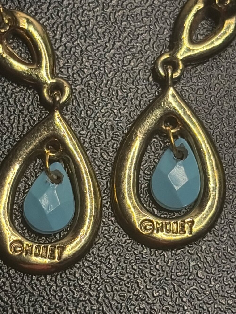 Monet Blue Teardrop Dangle Earrings Gold Tone Signed Vintage